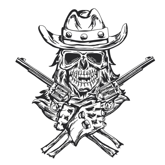 Crâne de cow-boy au chapeau avec deux pistolets aux mains.