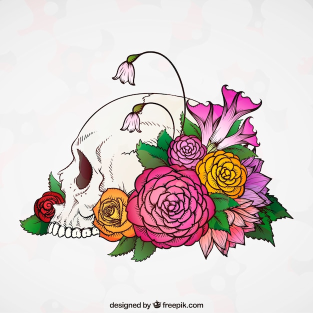 Vecteur gratuit crâne de fond avec des fleurs colorées dessinés à la main