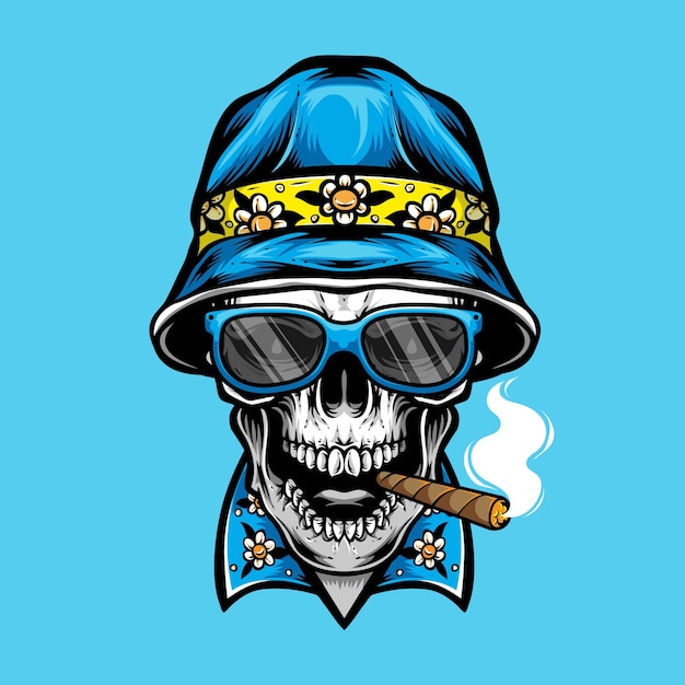 Crâne de fumer portant un chapeau de seau