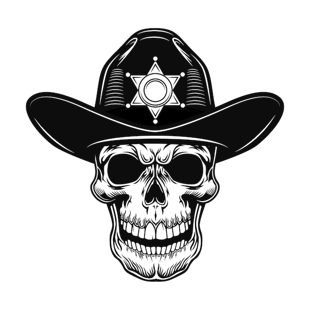 Crâne d'illustration vectorielle de shérif. Chef de policier au chapeau avec étoile