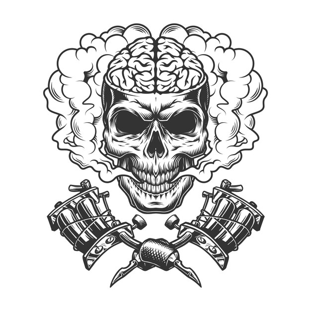 Crâne monochrome vintage avec cerveau humain