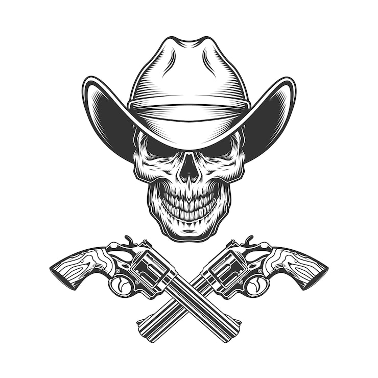 Vecteur gratuit crâne monochrome vintage en chapeau de cowboy