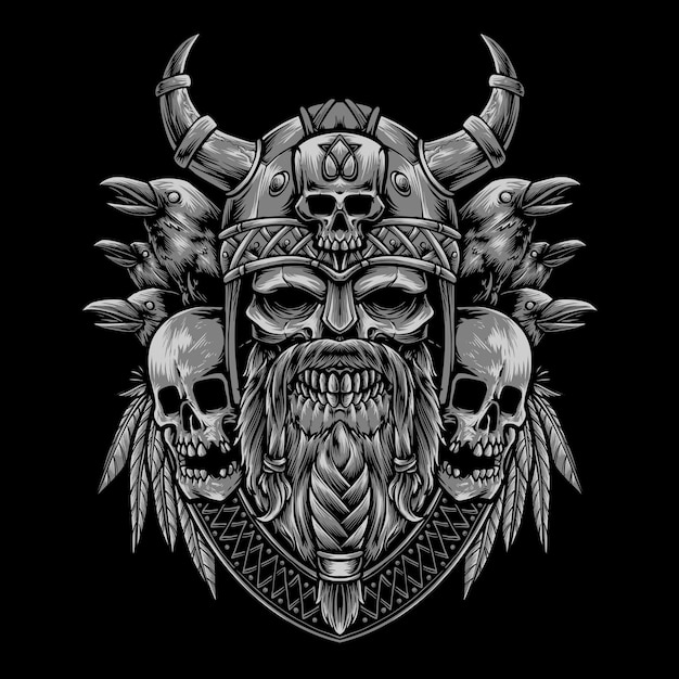 Vecteur gratuit crâne viking avec illustration vectorielle de corbeau