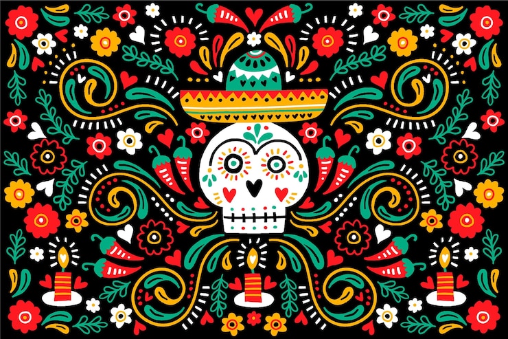 Vecteur gratuit crâne de vue de face dia de muertos avec fond sombrero