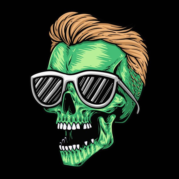 Le crâne de zombie vert porte des lunettes de soleil et le logo de la tête