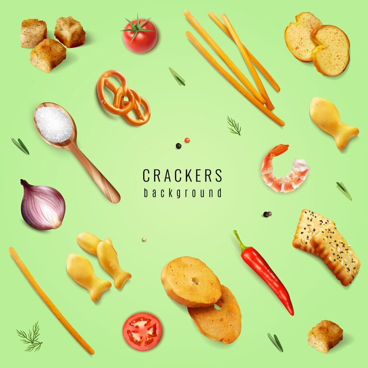 Vecteur gratuit craquelins et collations avec différentes formes et additifs aromatisants sur fond vert illustration réaliste