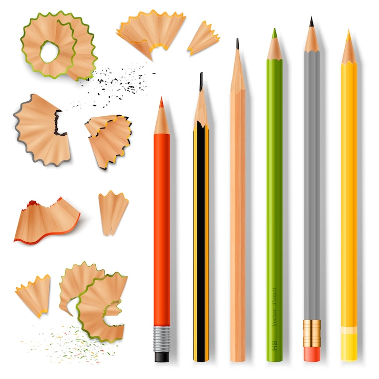 Vecteur gratuit crayons et copeaux de bois affûtés