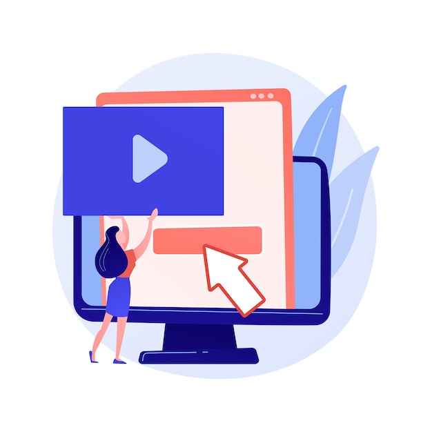 Créateur de contenu vidéo, personnage de dessin animé coloré de blogueur. Montage vidéo, téléchargement, découpe. Arrangement de tournage vidéo, manipulation.