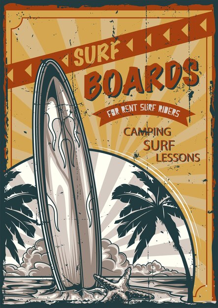 Création d'étiquettes d'affiche avec illustration de planche de surf debout sur la plage avec palmiers et coucher de soleil
