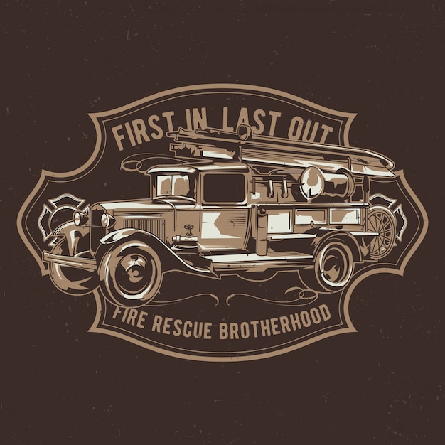 Vecteur gratuit création d'étiquettes de t-shirt avec illustration de camion de pompiers vintage.
