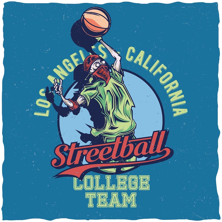 Vecteur gratuit création d'étiquettes de t-shirt avec illustration du joueur de streetball