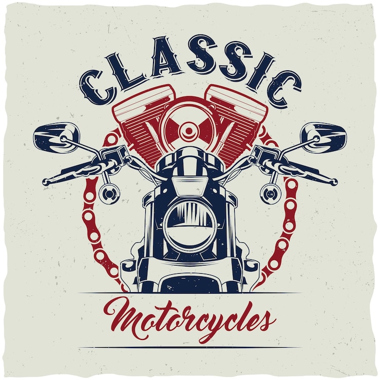 Vecteur gratuit création d'étiquettes de t-shirt de moto avec illustration de moto classique.