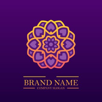 Création de logo de mandala coloré simple dans un style linéaire tendance et dégradé de couleur orange violet