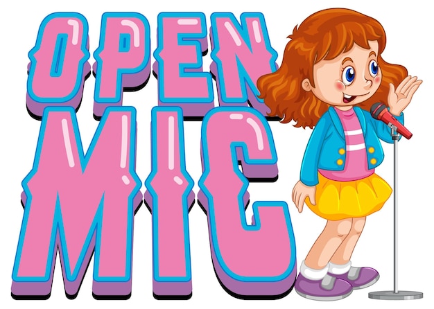 Création de logo micro ouvert avec personnage de dessin animé fille chanteuse