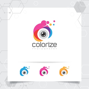 Création de logo de photographie avec concept de vecteur d'objectif de caméra coloré pour photographe et studio