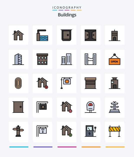Creative Buildings 25 Line FIlled icon pack Tels que les bâtiments signalent les bâtiments les bâtiments la porte de la maison