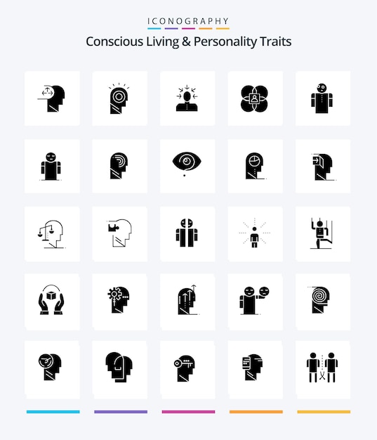 Vecteur gratuit creative concious living and personality traits 25 glyph solid black icon pack tels que le choix humain de la personne présente la personne