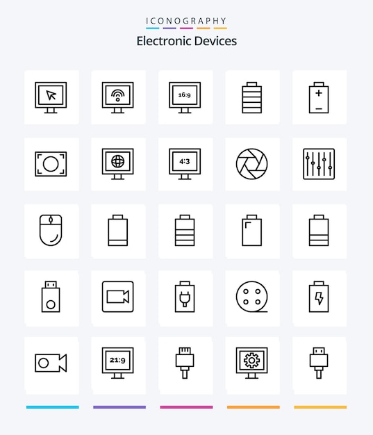 Vecteur gratuit creative devices 25 pack d'icônes outline tels que l'affichage de la photo d'actualité électrique de la télévision