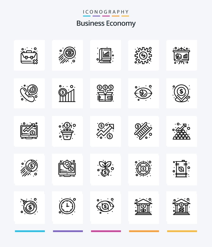 Vecteur gratuit creative economy 25 pack d'icônes outline tels que le graphique en dollars de l'économie des engins de travail