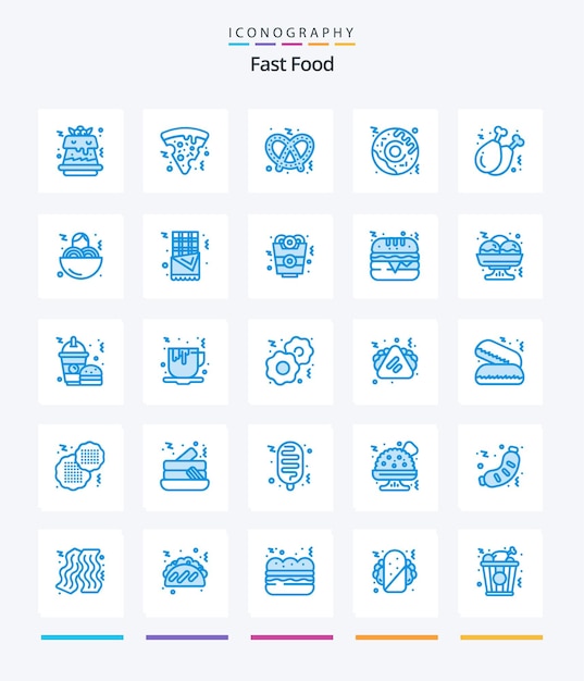 Vecteur gratuit creative fast food 25 pack d'icônes bleues telles que la jambe de restauration rapide la jambe de poulet sucrée