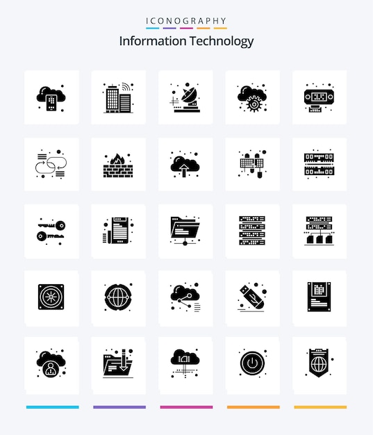 Vecteur gratuit creative information technology 25 glyph solid black icon pack tels que les interfaces de connexion gestion des données de télécommunication