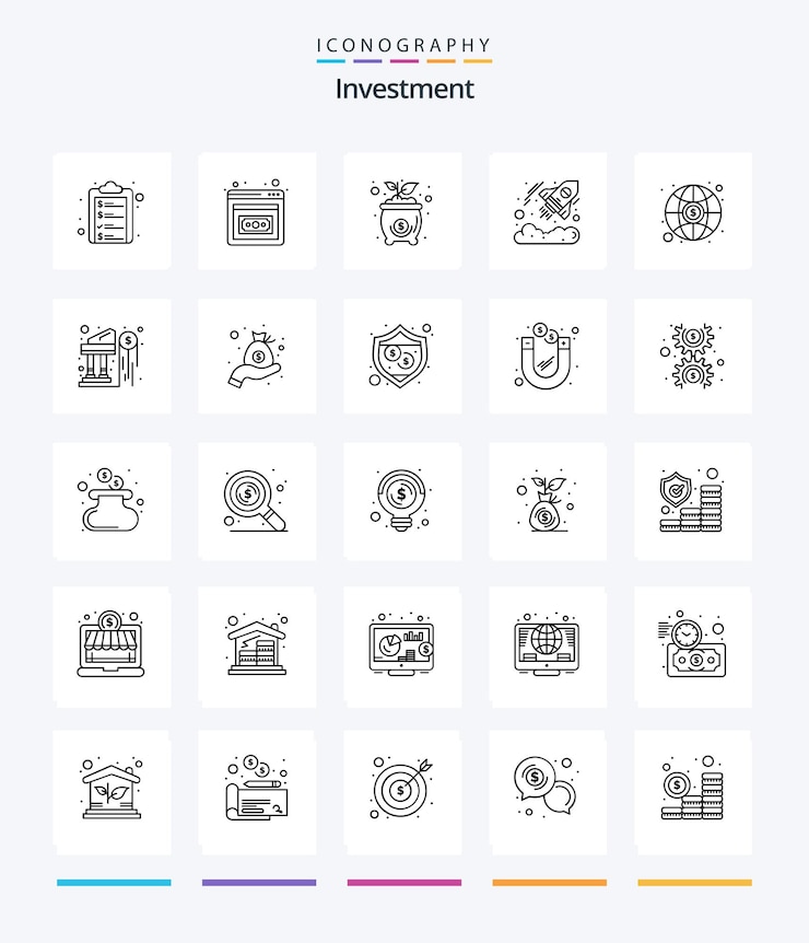 Vecteur gratuit creative investment 25 pack d'icônes outline tels que l'argent coût global devise de démarrage