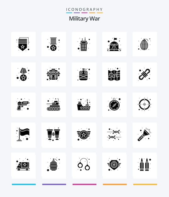 Vecteur gratuit creative military war 25 glyph solid black pack d'icônes telles que l'armée militaire d'enquête sur la tente de grenade