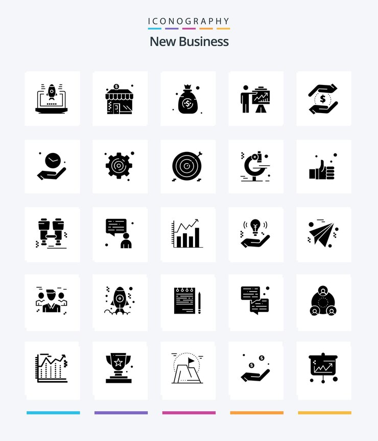 Vecteur gratuit creative new business 25 glyph solid black icon pack tels que les efforts business money arrow money
