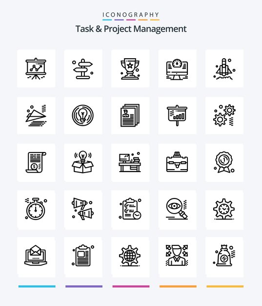 Creative Task And Project Management 25 Pack d'icônes OutLine Tels que la tasse de navigation de l'ordinateur de temps