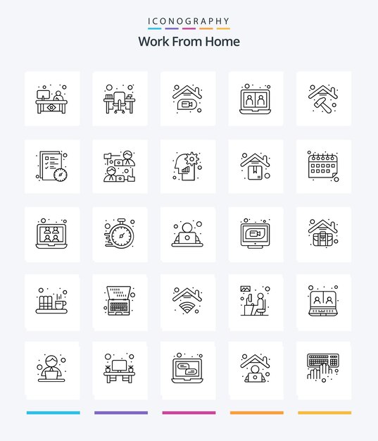 Creative Work From Home 25 pack d'icônes de contour telles que la communication en ligne de bureau web de communication