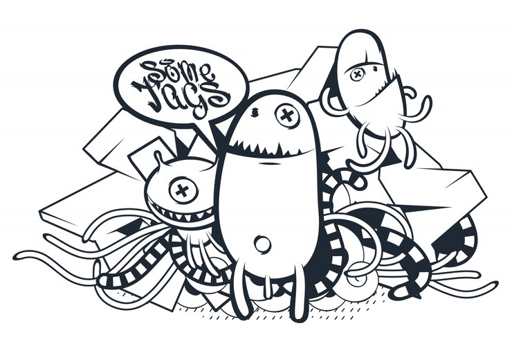 créatures dessinées à la main dans le style graffiti