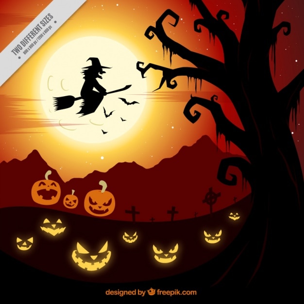 Vecteur gratuit creepy fond halloween avec une sorcière et citrouilles