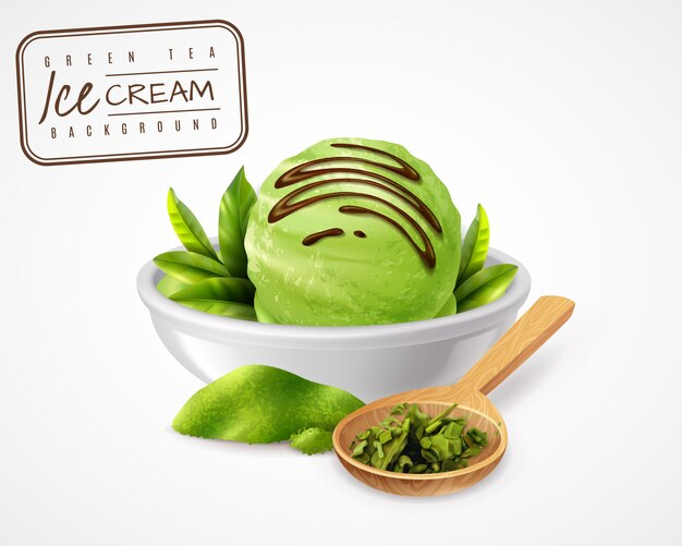 Crème glacée au thé vert réaliste avec cadre de timbre