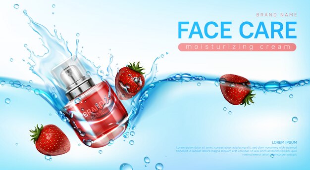 Crème pour le visage et fraises dans les éclaboussures d'eau