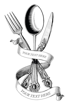 Croix de cuillère fourchette et couteau part dessiner vintage style de gravure clip art noir et blanc isolé sur fond blanc