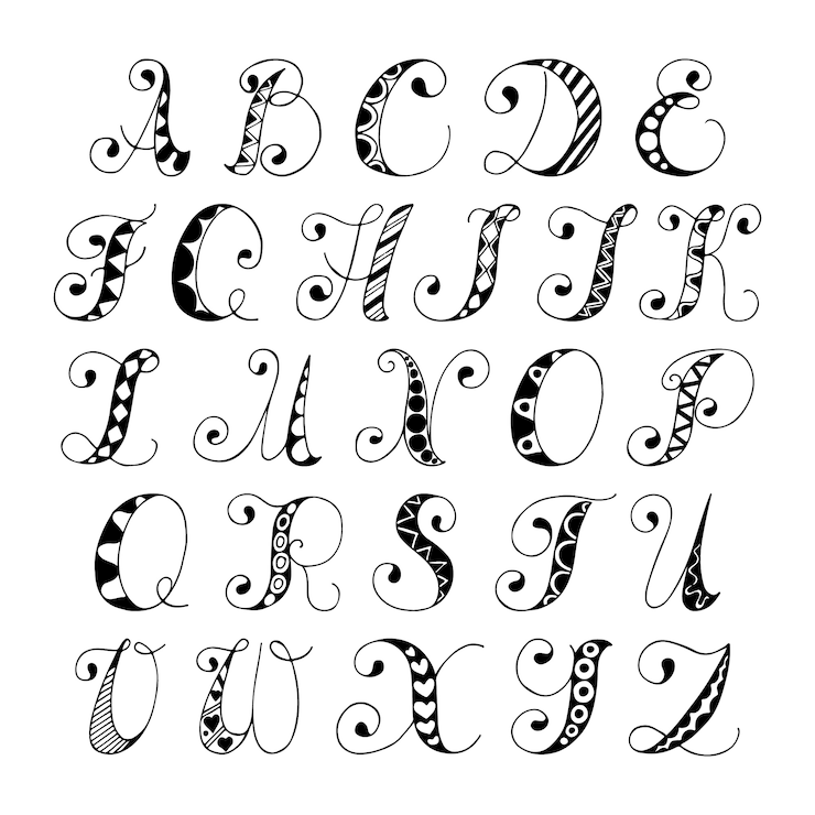 Vecteur gratuit croquis alphabet dessiné à la main lettres de caractères en noir et blanc illustration vectorielle isolée