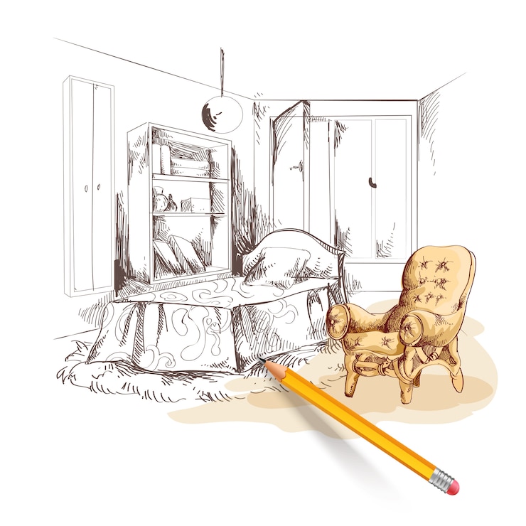 Vecteur gratuit croquis de la chambre à coucher