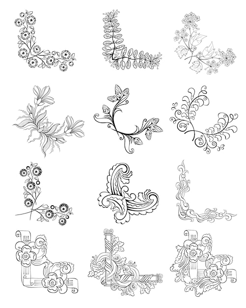 Croquis De La Collection De Bordures D'angle Florales Décoratives