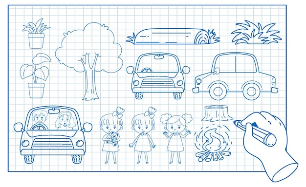 Croquis de dessin animé d'enfants et de voitures