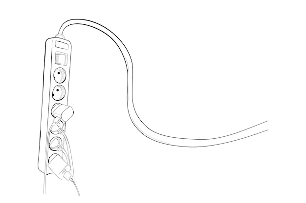 Croquis de dessin vectoriel simple, ilustarion manière sûre d'utiliser l'extension de câble électrique, avec chargeur de smartphone et autre câble d'appareil attaché