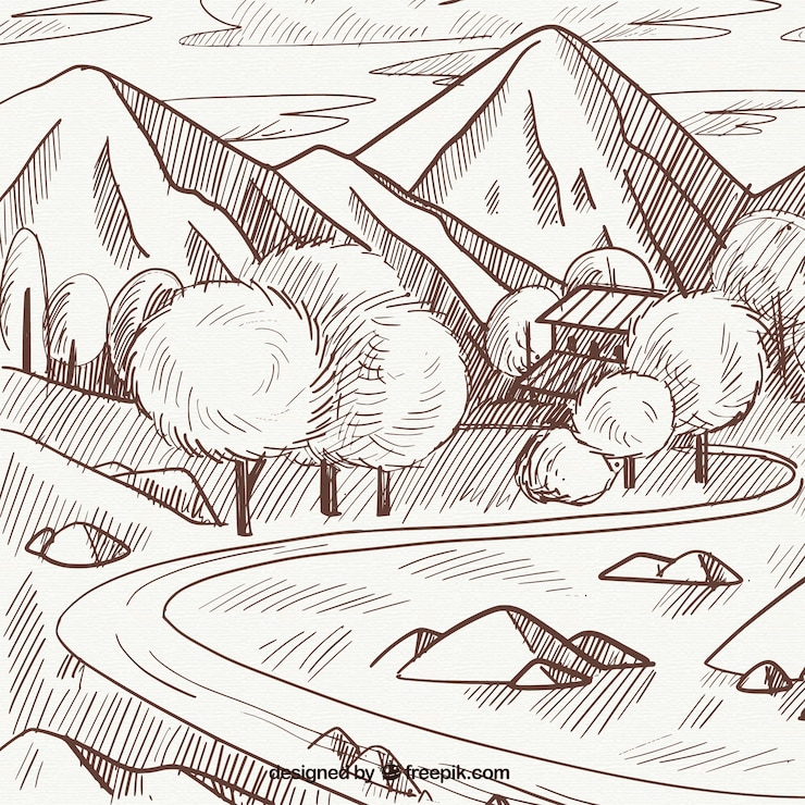 Vecteur gratuit croquis du paysage de printemps avec des montagnes et des arbres