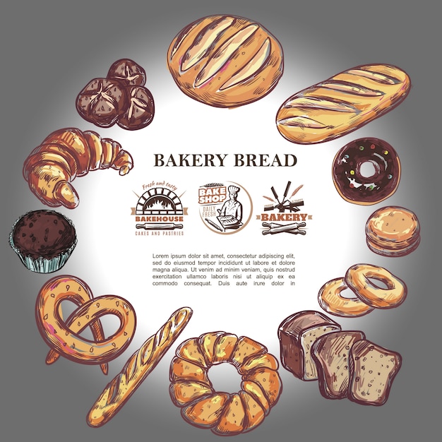 Croquis de produits de boulangerie composition ronde avec pain baguette française croissant bretzel muffin beignet bagels et badges de boulangerie