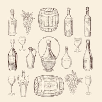 Croquis de vignoble dessiné à la main et éléments de vecteur de vin doodle. doodle de vignoble et raisin dessiné à la main, illustration d'alcool de vin
