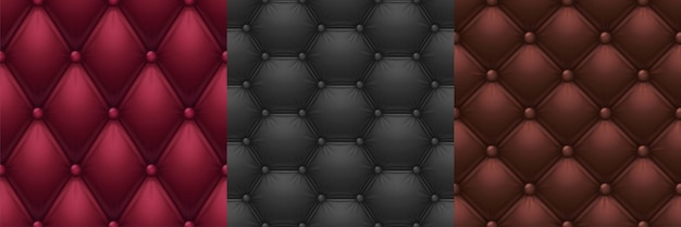 Vecteur gratuit cuir texture couette canapé tapisserie d'ameublement arrière-plan transparent rouge noir et marron élégant tissu boutonné matelassé avec des boutons cousus symétriques échantillons de garniture de meubles de luxe ensemble de vecteur 3d réaliste