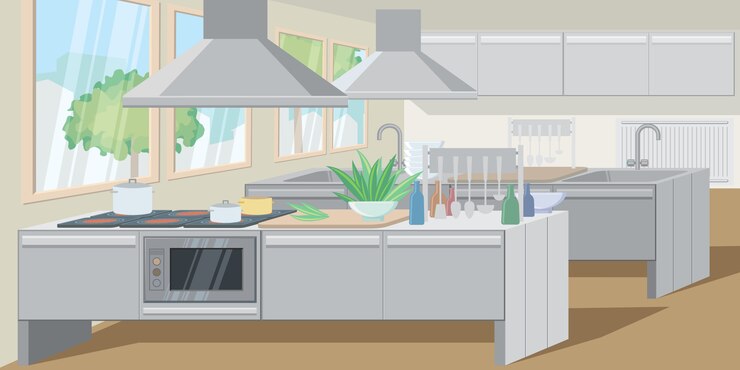 Vecteur gratuit cuisine commerciale avec comptoirs équipés de puissants appareils