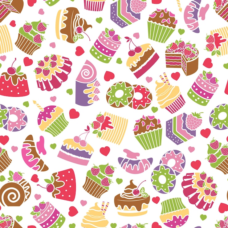 Vecteur gratuit cuisson et desserts sans soudure de fond. nourriture et crème, conception douce, décoration d'anniversaire, illustration vectorielle