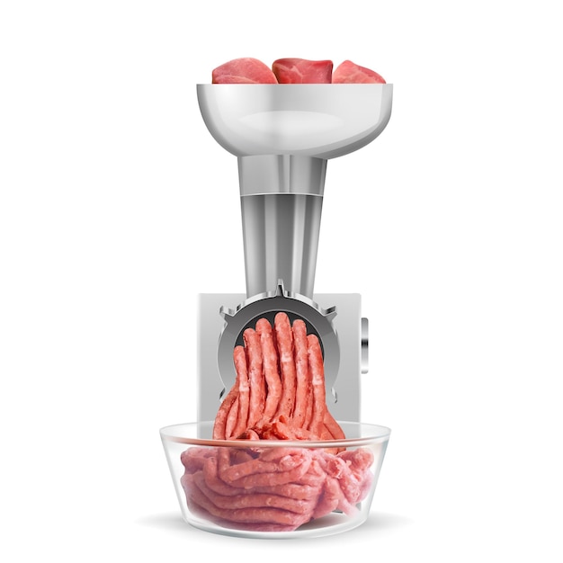 Vecteur gratuit cuisson de la viande hachée dans un concept de conception réaliste de hachoir à viande électrique isolé sur illustration vectorielle fond blanc