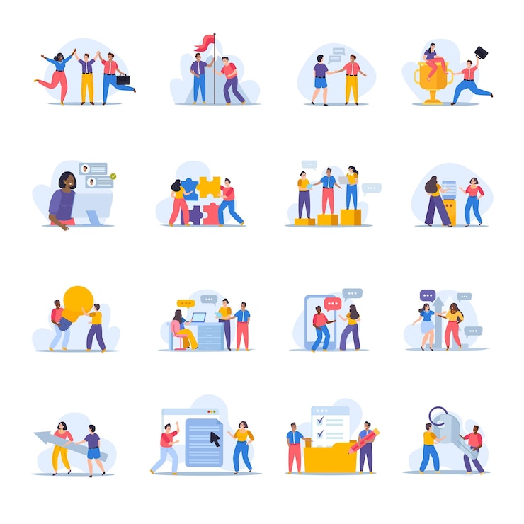 Vecteur gratuit culture d'entreprise sertie de compositions de personnages humains doodle et d'icônes plates d'illustration vectorielle d'interactions de communication d'équipe