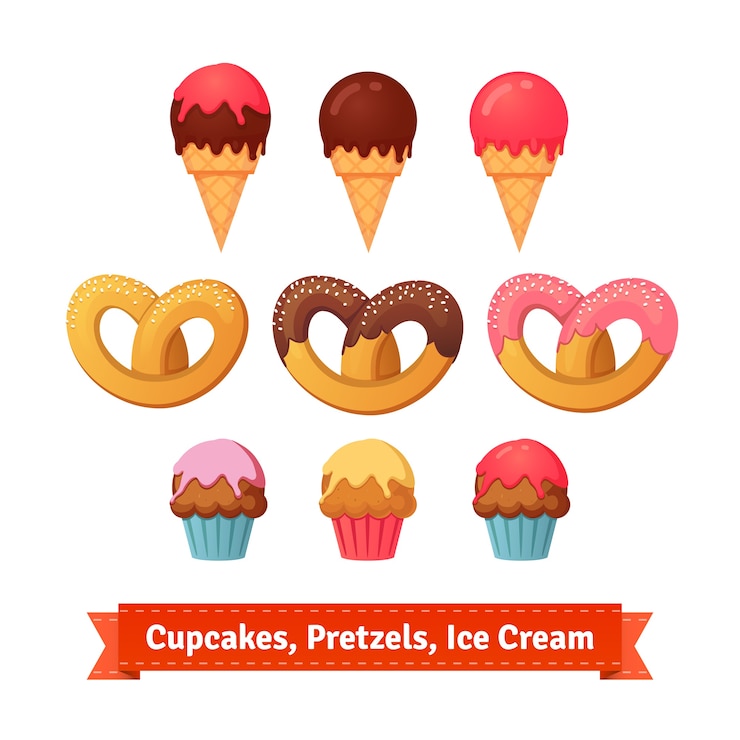 Vecteur gratuit cupcakes, bretzels et glaces
