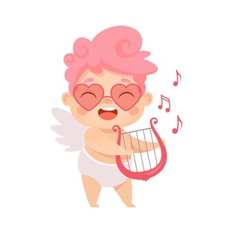 Cupidon mignon jouant de la harpe personnage de dessin animé pour la saint valentin